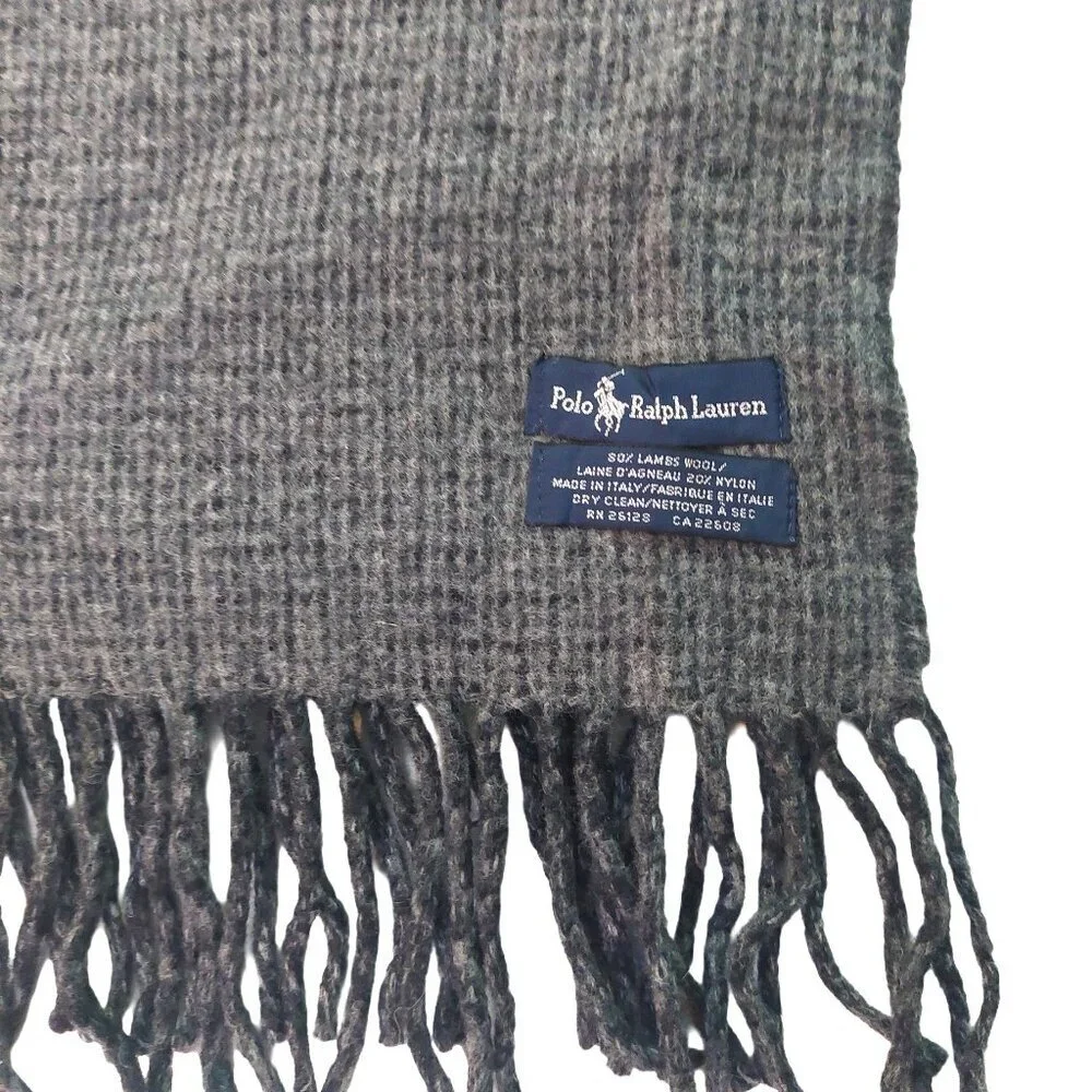 POLO Ralph Lauren Black Window Pane Gray Tweed Reversible Scarf Embroidered Logo